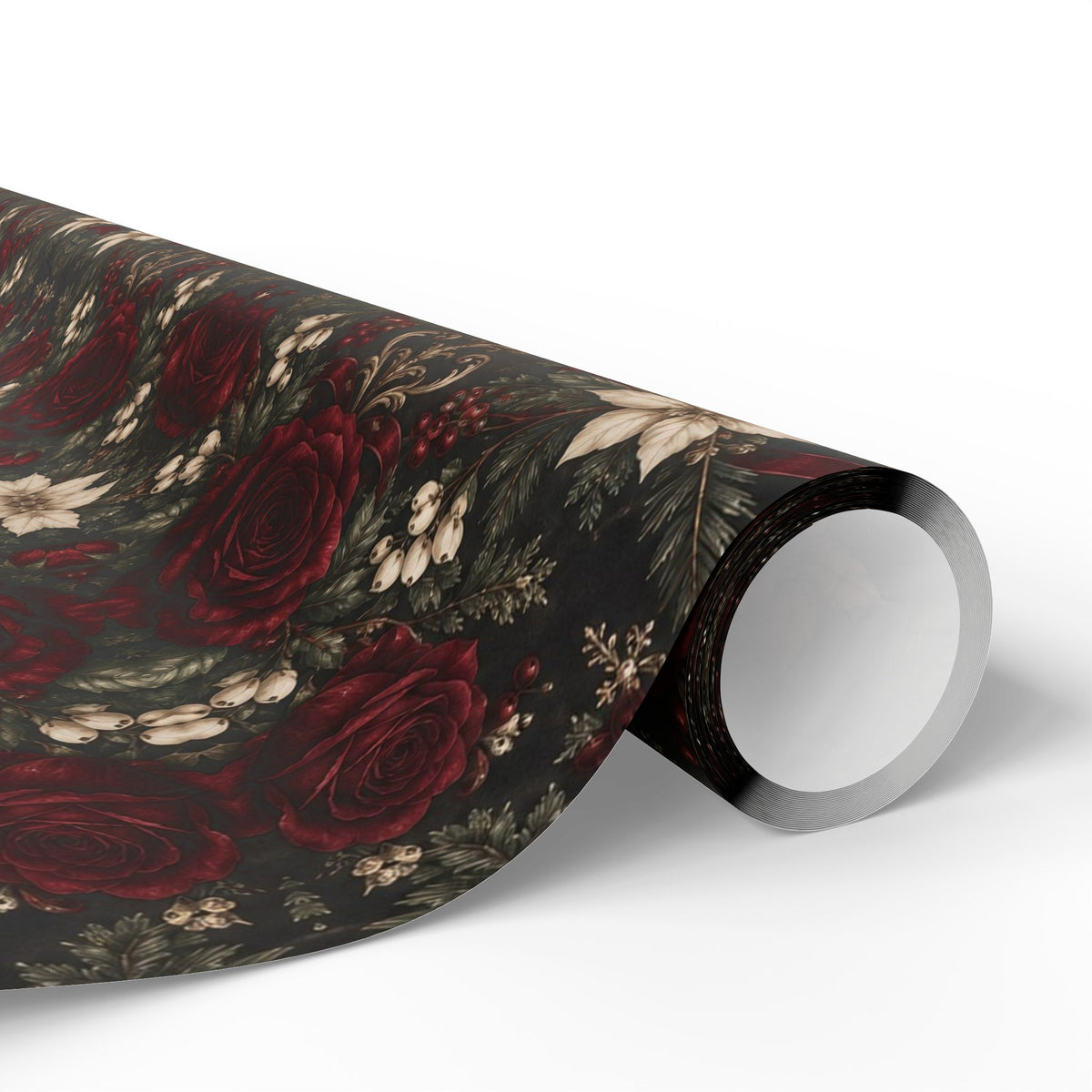 Close-up of a Burgundy Floral Pattern wrapping paper roll curling outward, showing dark paper with a dense repeating burgundy and red floral print.