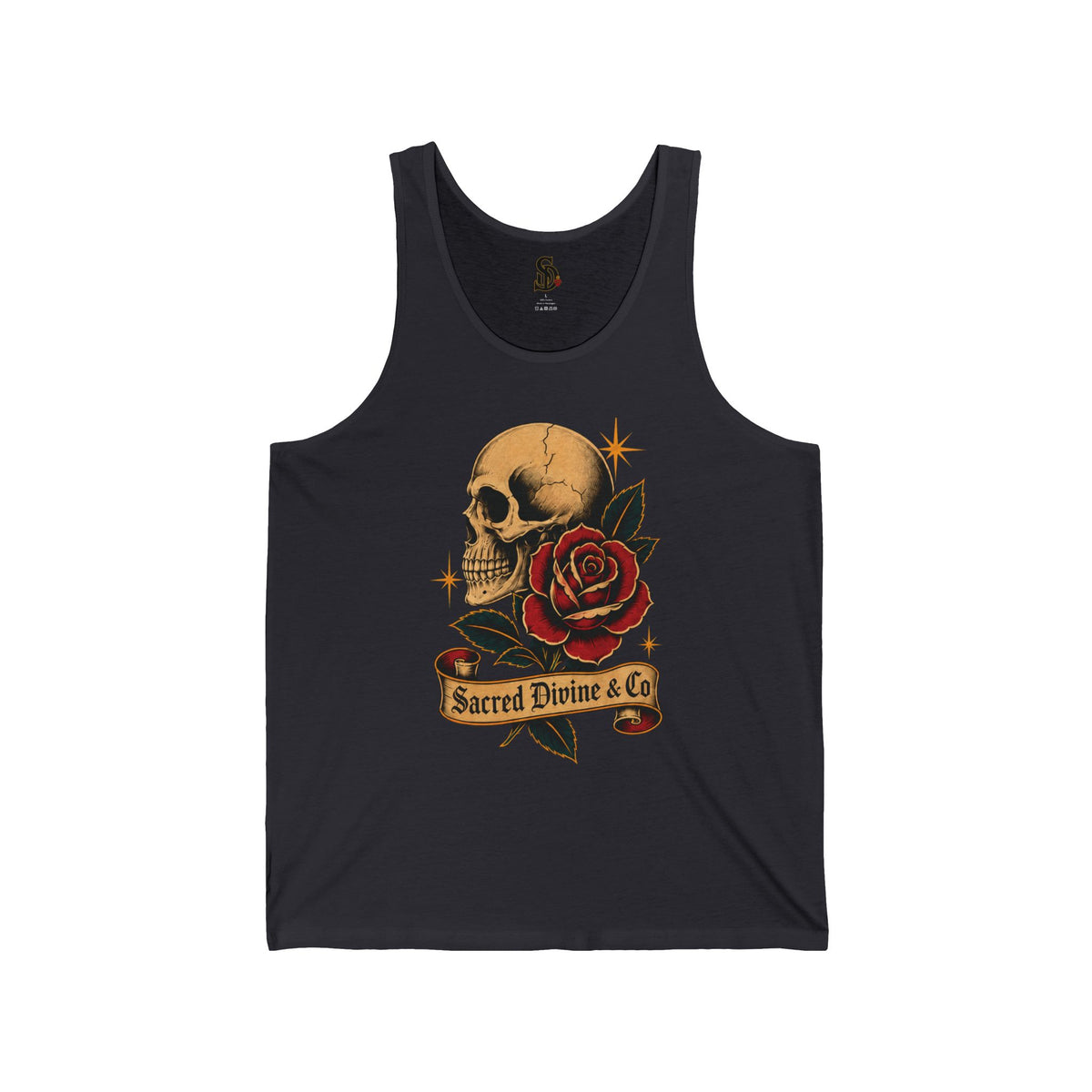 Skull & Rose Jersey Tank dark grey front flat-lay — vintage tattoo skull red rose gold stars Sacred Divine & Co. scroll banner center graphic