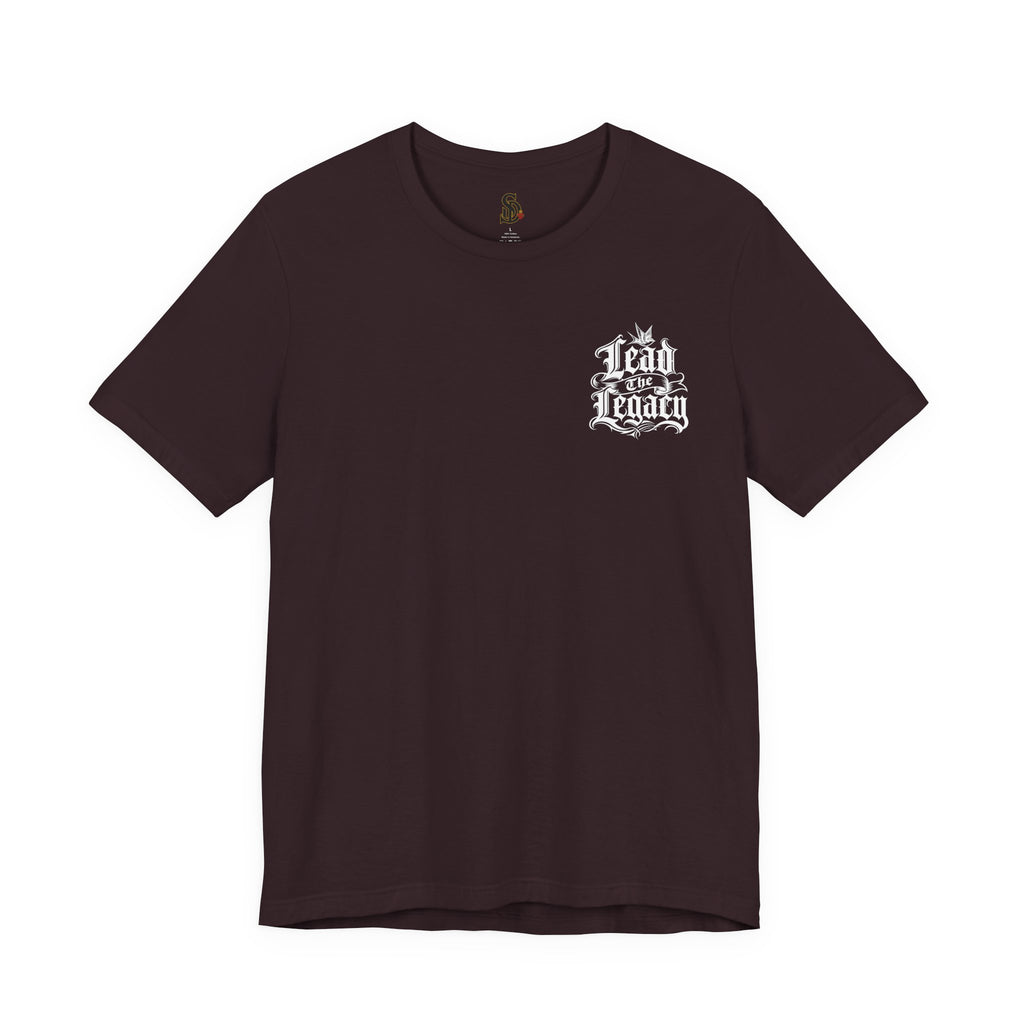Lead the Legacy Graphic Tee oxblood black front flat-lay — Lead the Legacy gothic script left chest pocket logo