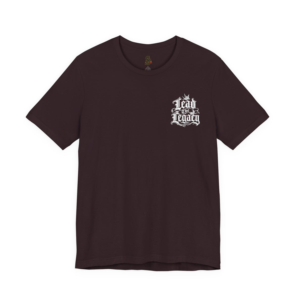 Lead the Legacy Graphic Tee oxblood black front flat-lay — Lead the Legacy gothic script left chest pocket logo