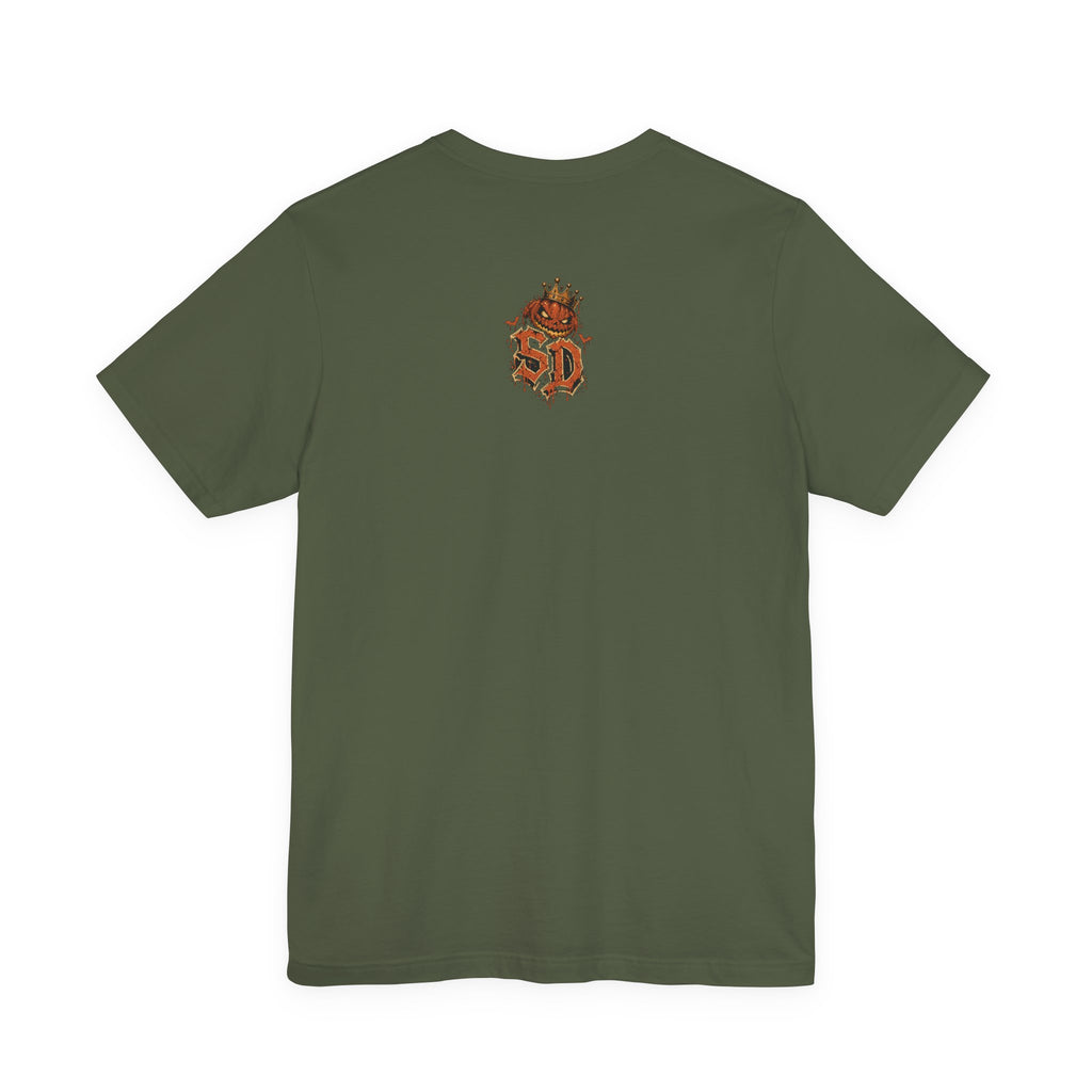 Pumpkin Kingpin Crew Tee product mockup featuring crowned jack-o'-lantern kingpin and crew artwork