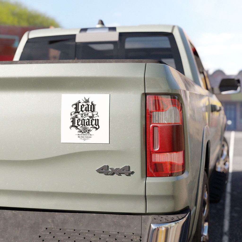 Sacred Divine & Co. Lead the Legacy Car Magnet — Black Gothic Script Racing Decal
