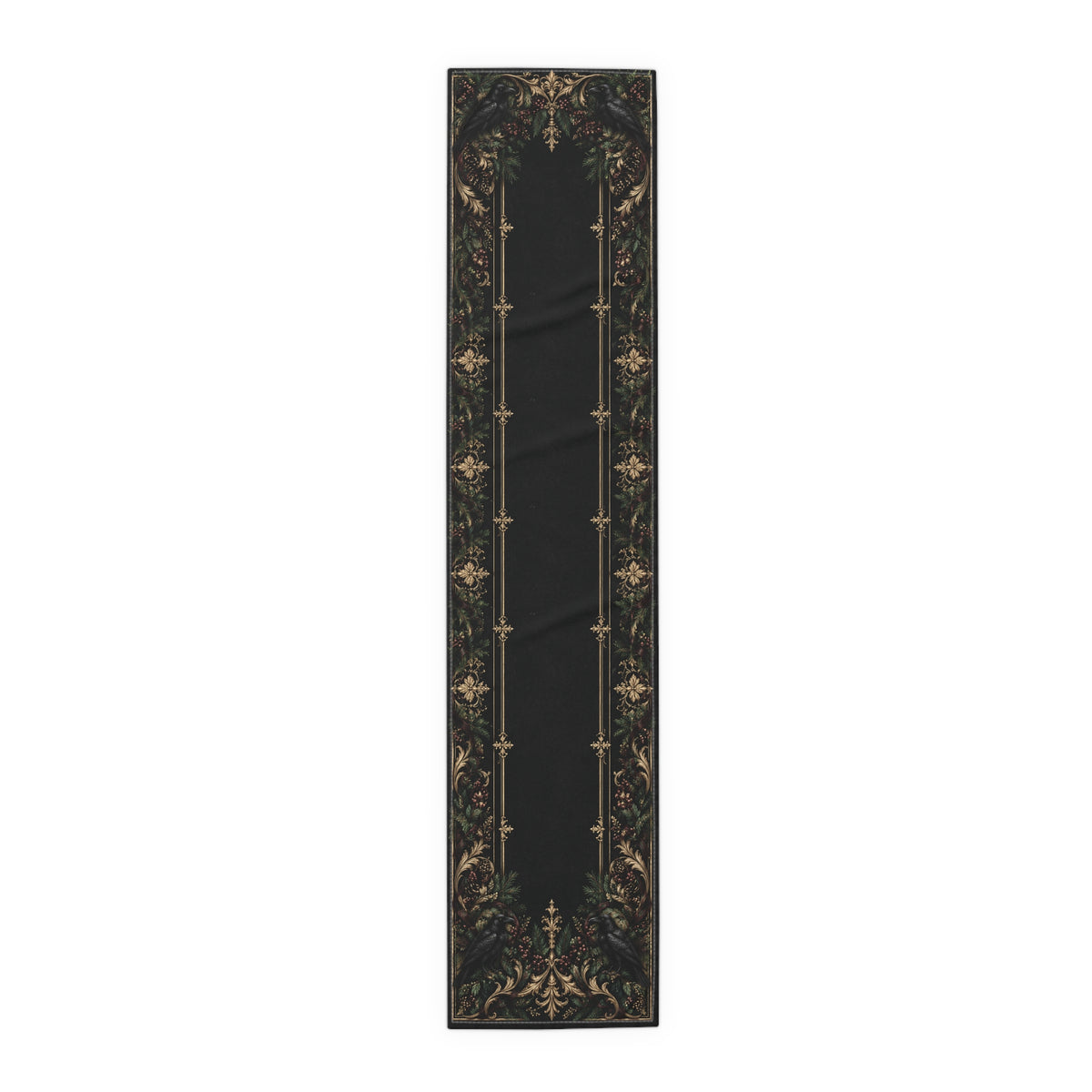 Gallery image 2: Gothic Floral Table Runner featuring cotton twill table runner with ornate botanical flourishes in black, muted green, warm gold, and berry tones.