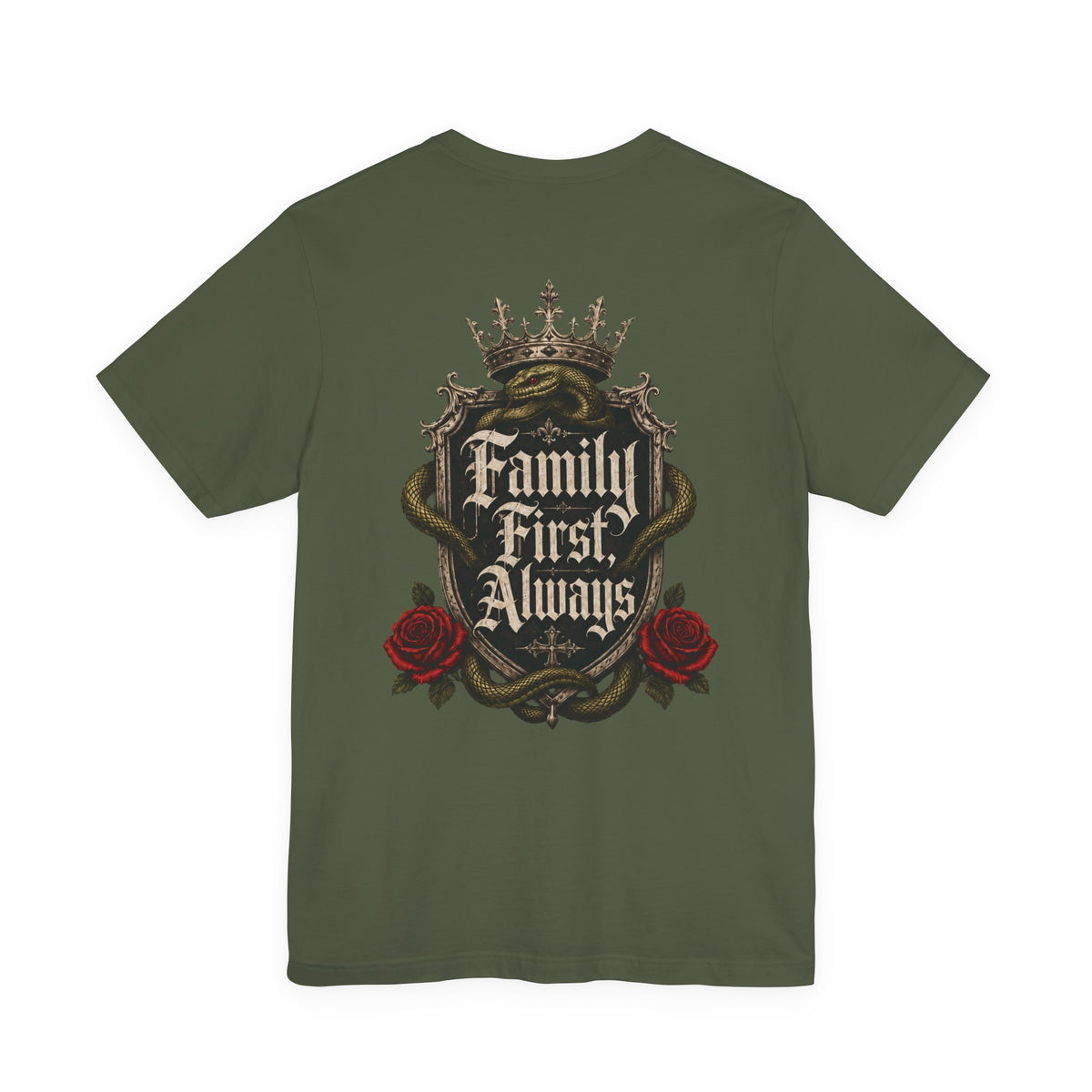 Family First Always Tee military green back flat-lay — Family First Always gothic crest full back graphic with Sacred Divine & Co. wordmark