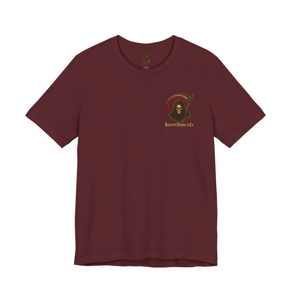 Grim Reaper Graphic Tee maroon front flat-lay — Grim Reaper skull scythe red circle Sacred Divine & Co. left chest graphic