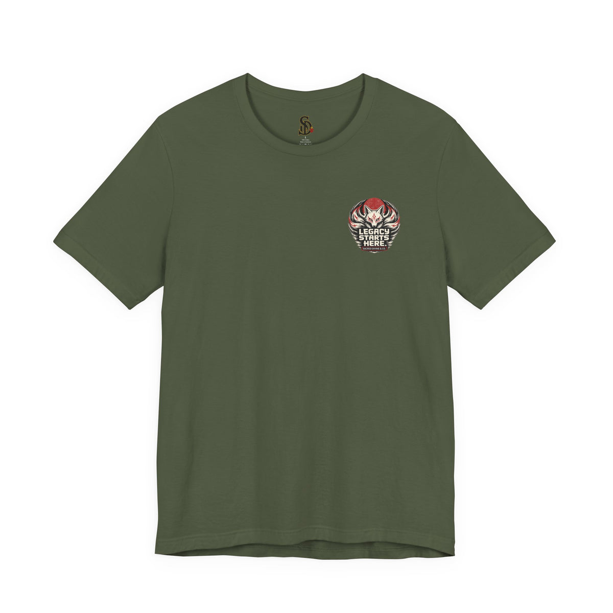Legacy Starts Here Tee Nine-Tailed Fox military green front flat-lay — Kitsune fox Legacy Starts Here Sacred Divine & Co. circular crest left chest graphic