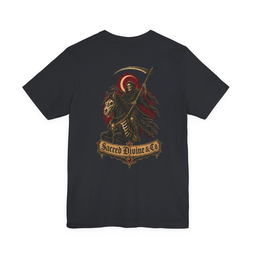 Grim Reaper Graphic Tee vintage black back flat-lay — Grim Reaper on skeleton horse with scythe and crescent moon Sacred Divine & Co. scroll banner full back graphic
