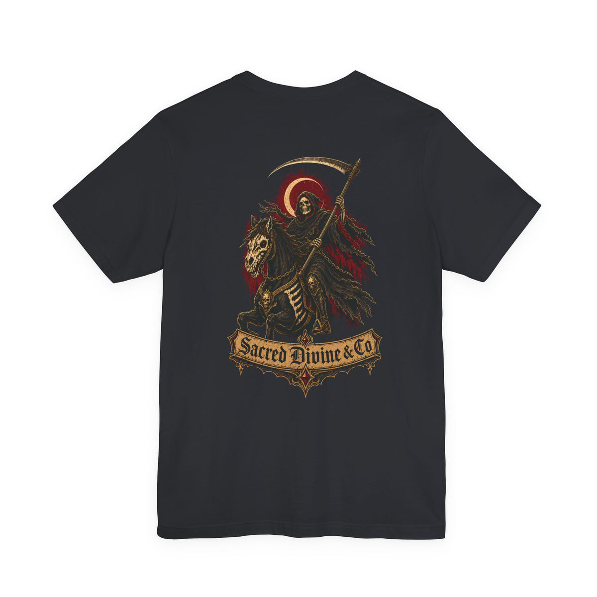 Grim Reaper Graphic Tee vintage black back flat-lay — Grim Reaper on skeleton horse with scythe and crescent moon Sacred Divine & Co. scroll banner full back graphic
