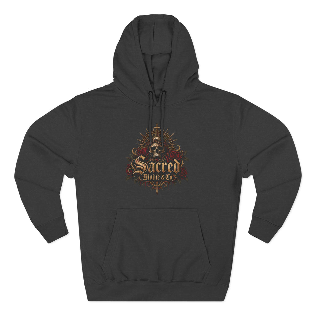 Gothic Skull Crest Fleece Hoodie charcoal heather front flat-lay — gothic skull gold crown crest red roses Sacred Divine & Co. gothic script center chest graphic