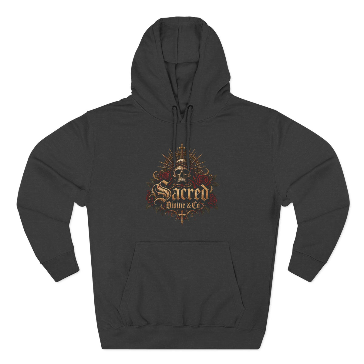 Gothic Skull Crest Fleece Hoodie charcoal heather front flat-lay — gothic skull gold crown crest red roses Sacred Divine & Co. gothic script center chest graphic