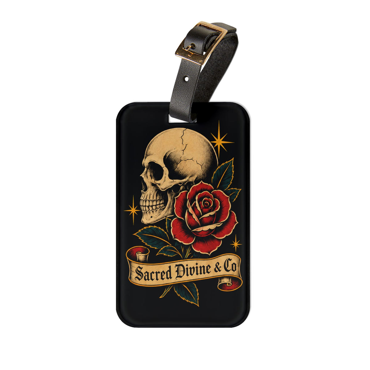 Sacred Divine & Co. Skull & Rose Luggage Tag — Vintage Tattoo Travel ID
