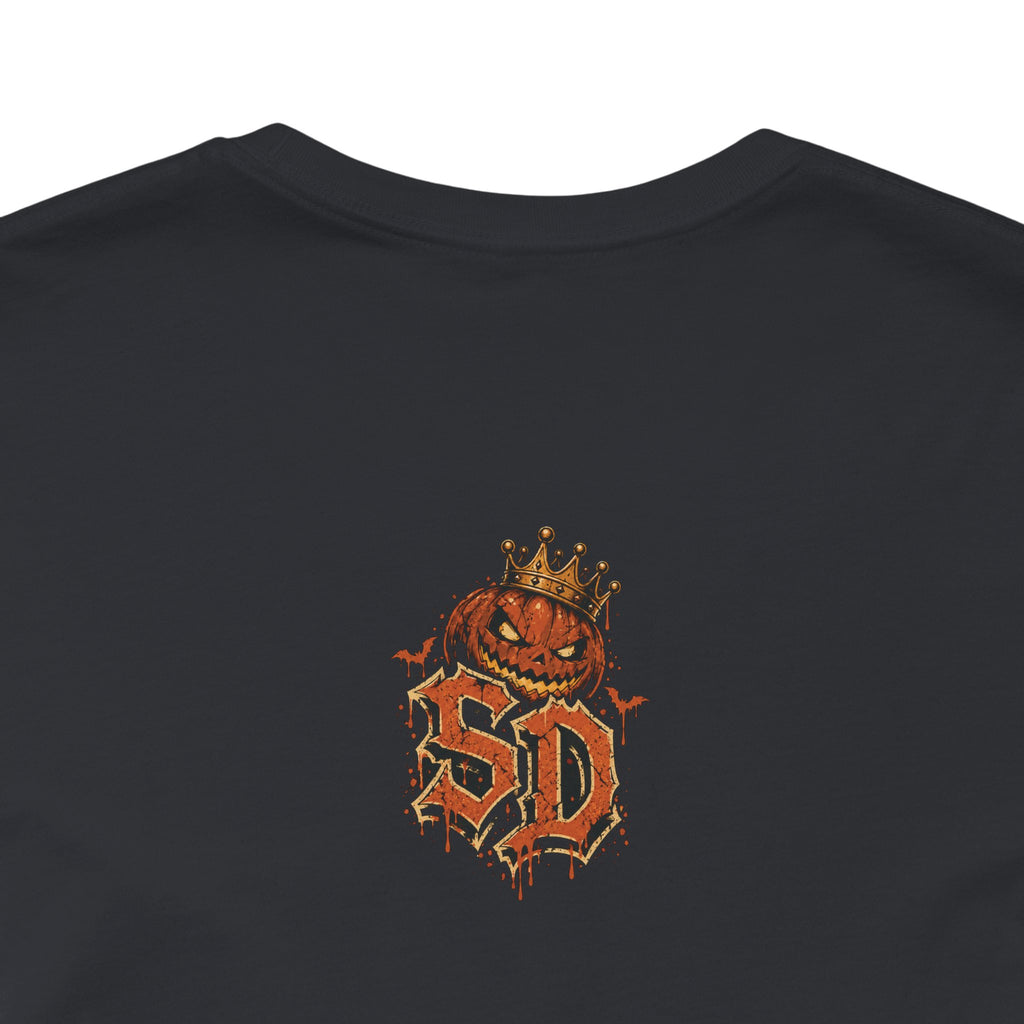 Pumpkin Kingpin Crew Tee product mockup featuring crowned jack-o'-lantern kingpin and crew artwork