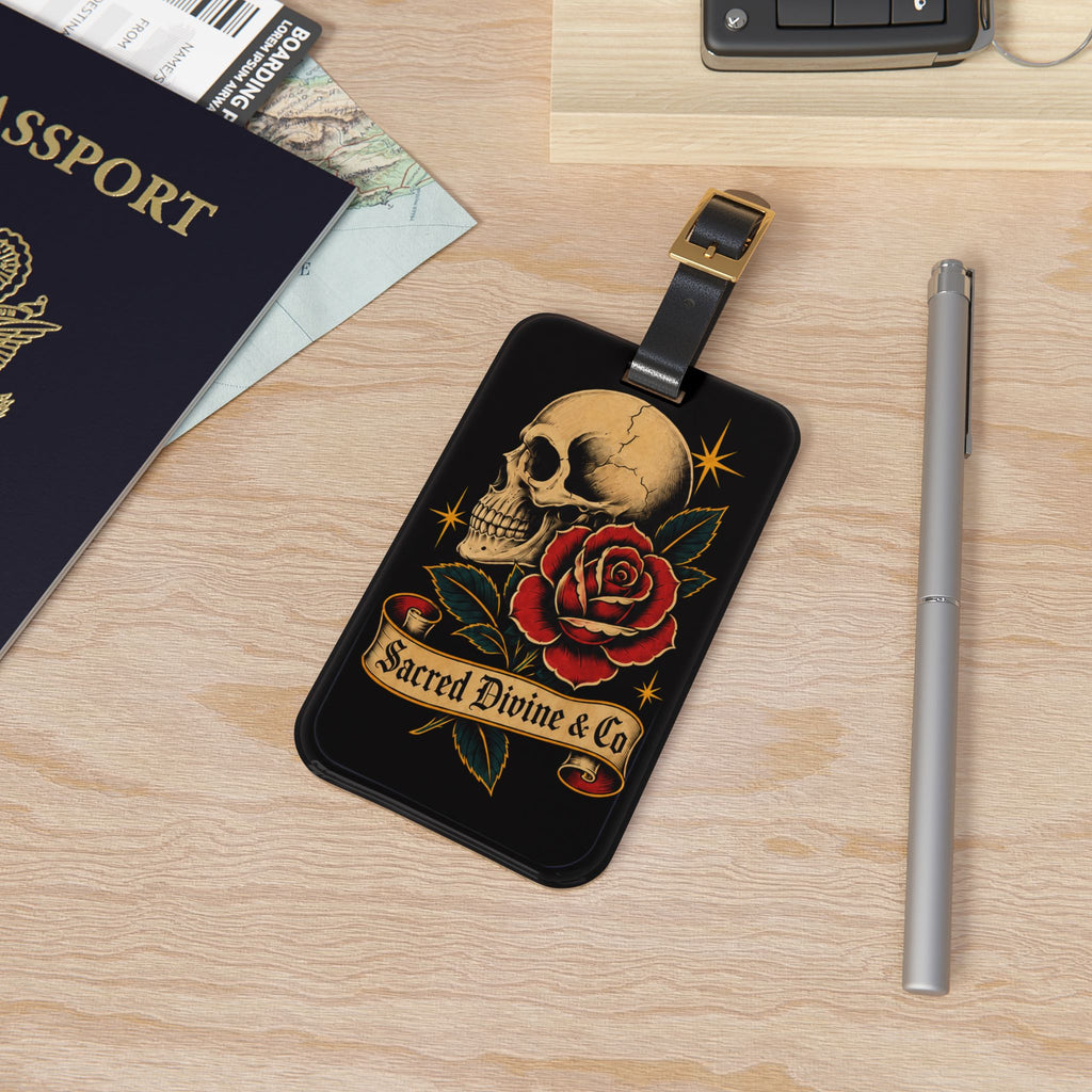 Sacred Divine & Co. Skull & Rose Luggage Tag — Vintage Tattoo Travel ID