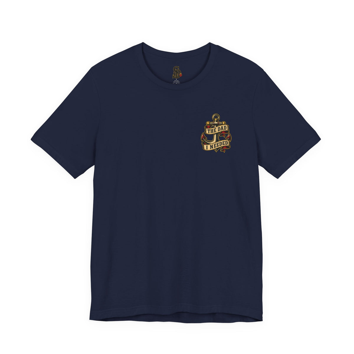 Fatherhood Is the Mission Tee navy front flat-lay — The Dad I Needed vintage anchor left chest graphic