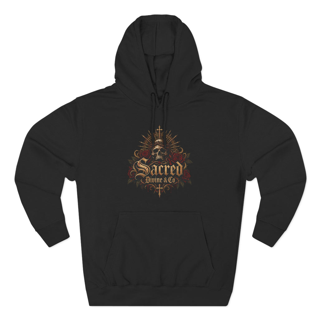 Gothic Skull Crest Fleece Hoodie black front flat-lay — gothic skull gold crown crest red roses Sacred Divine & Co. gothic script center chest graphic