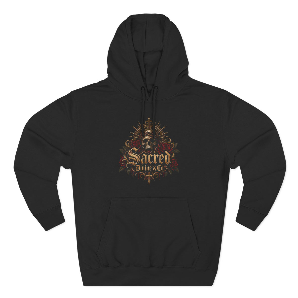 Gothic Skull Crest Fleece Hoodie black front flat-lay — gothic skull gold crown crest red roses Sacred Divine & Co. gothic script center chest graphic