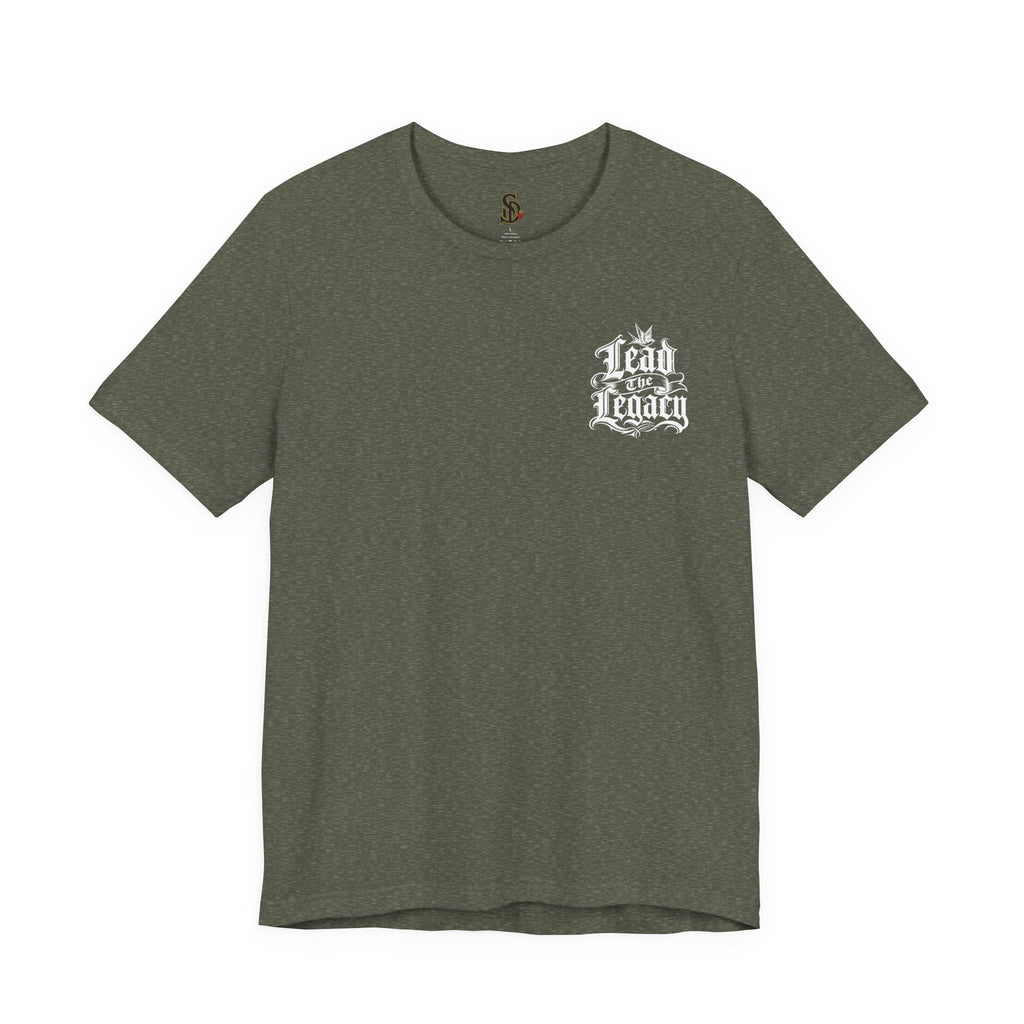Lead the Legacy Graphic Tee heather military green front flat-lay — Lead the Legacy gothic script left chest pocket logo