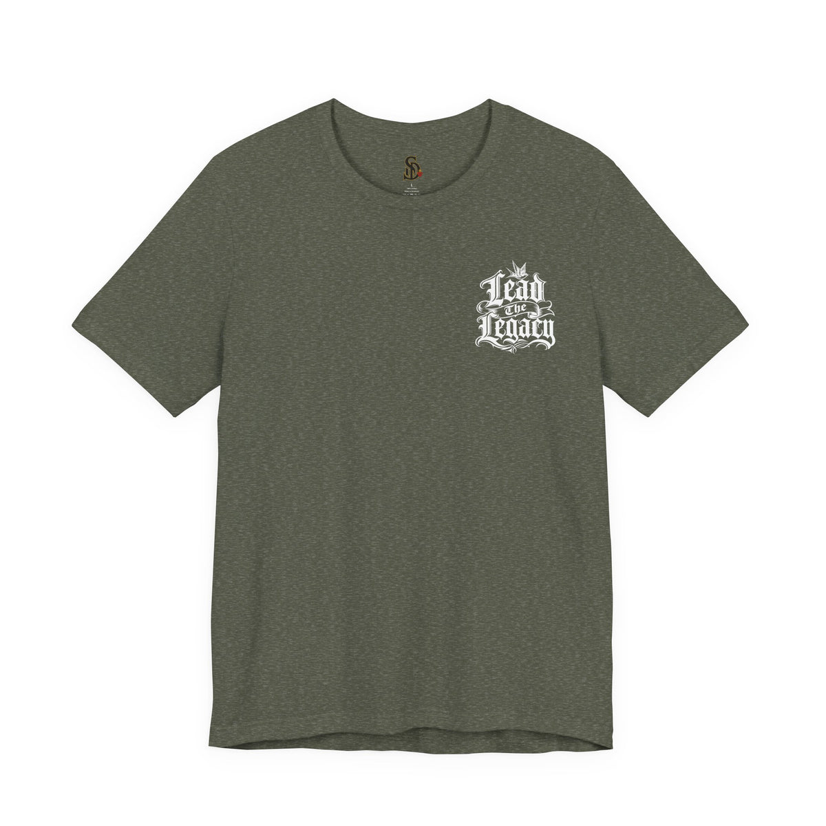 Lead the Legacy Graphic Tee heather military green front flat-lay — Lead the Legacy gothic script left chest pocket logo