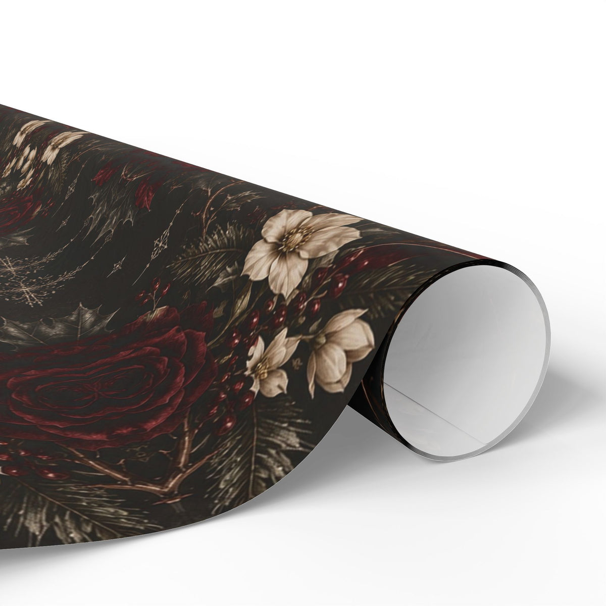 Overhead view of Dark Vintage Floral wrapping paper with a wrapped gift and scissors, clear tape, twine, and paper tags on a wood tray.