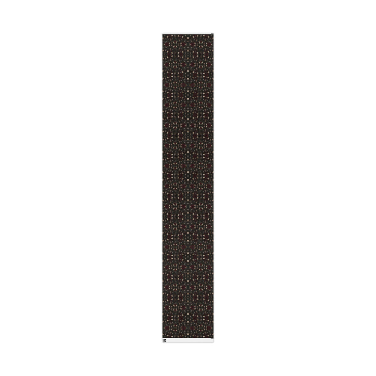 Tall narrow view of Midnight Floral Medallion wrapping paper showing the repeating charcoal, burgundy, and ivory motif across the printed strip.