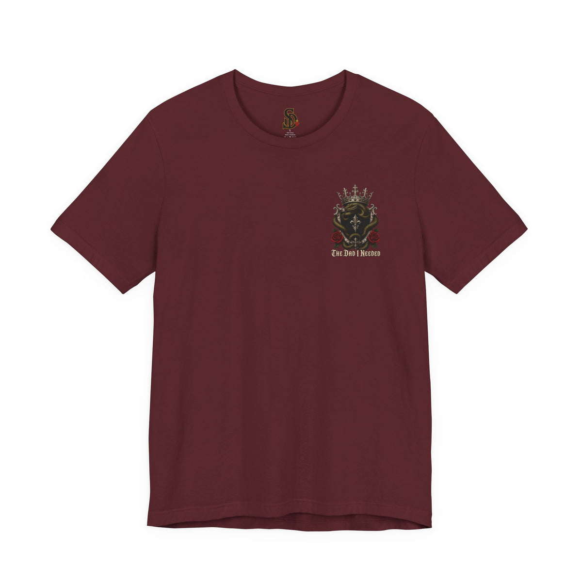 Family First Always Tee maroon front flat-lay — Family First Always gothic crest left chest graphic
