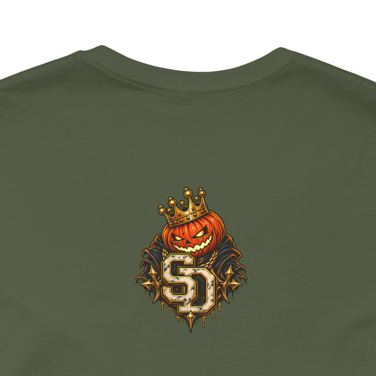 Pumpkin King Streetwear Tee product mockup featuring crowned pumpkin king Halloween artwork