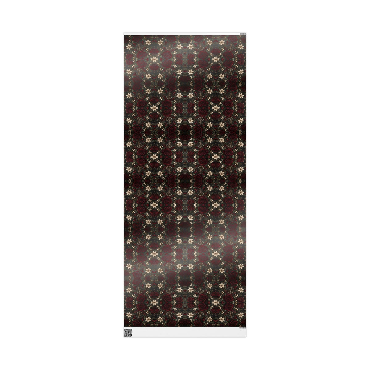 Full-length glossy Burgundy Floral Pattern wrapping paper panel showing the printed design with a white edge and QR code.
