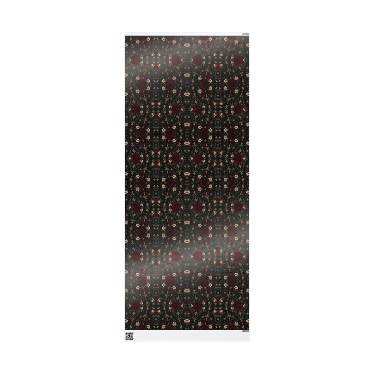 Full-length glossy Midnight Floral Medallion paper panel showing the burgundy and ivory repeating print with a reflective sheen, white edge, and QR code.