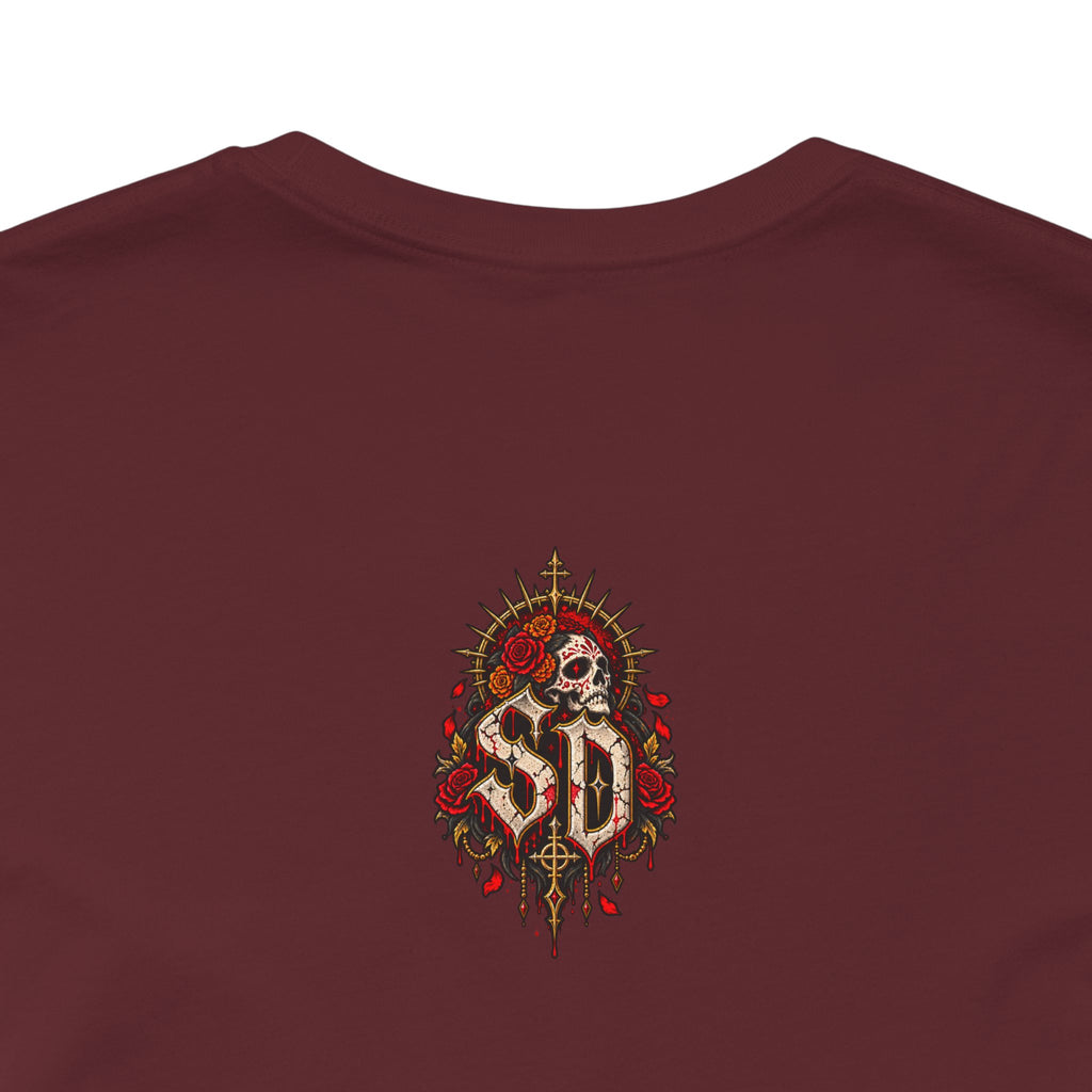 Day of the Dead Gothic Tee product mockup with skeletal Day of the Dead artwork and red accents