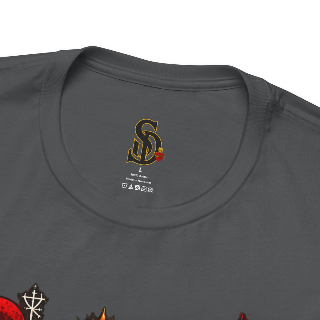 Day of the Dead Gothic Tee product mockup with skeletal Day of the Dead artwork and red accents