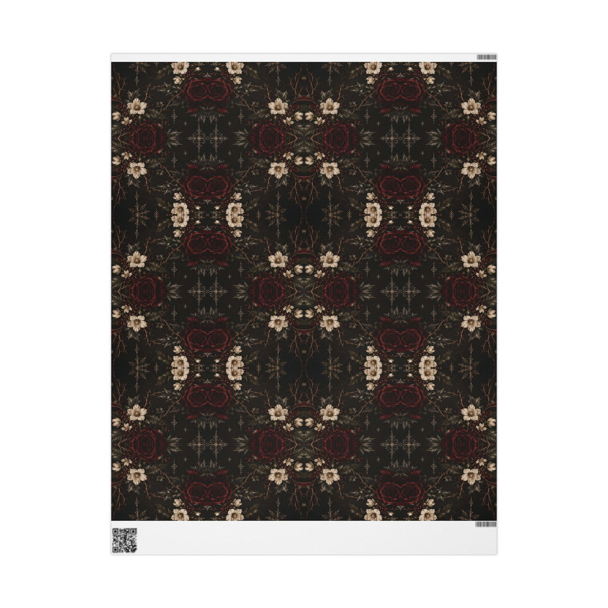 Full sheet of Dark Vintage Floral wrapping paper showing the repeating print, with the white printer margins and QR code visible.