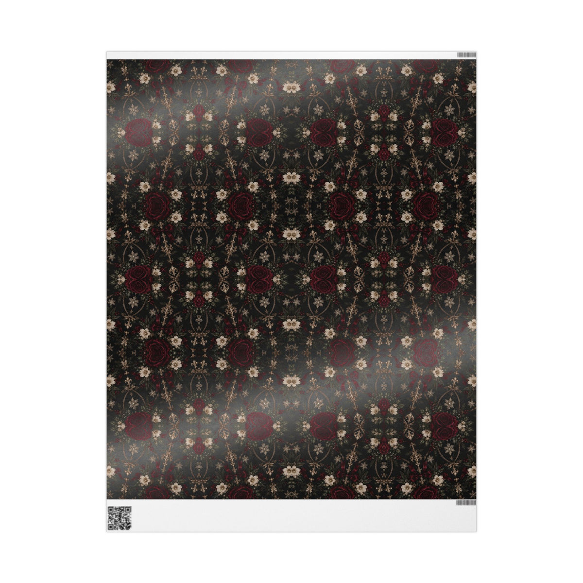 Glossy Midnight Floral Medallion wrapping paper sheet with a reflective finish, repeating burgundy and ivory flowers, and a white margin with QR code.