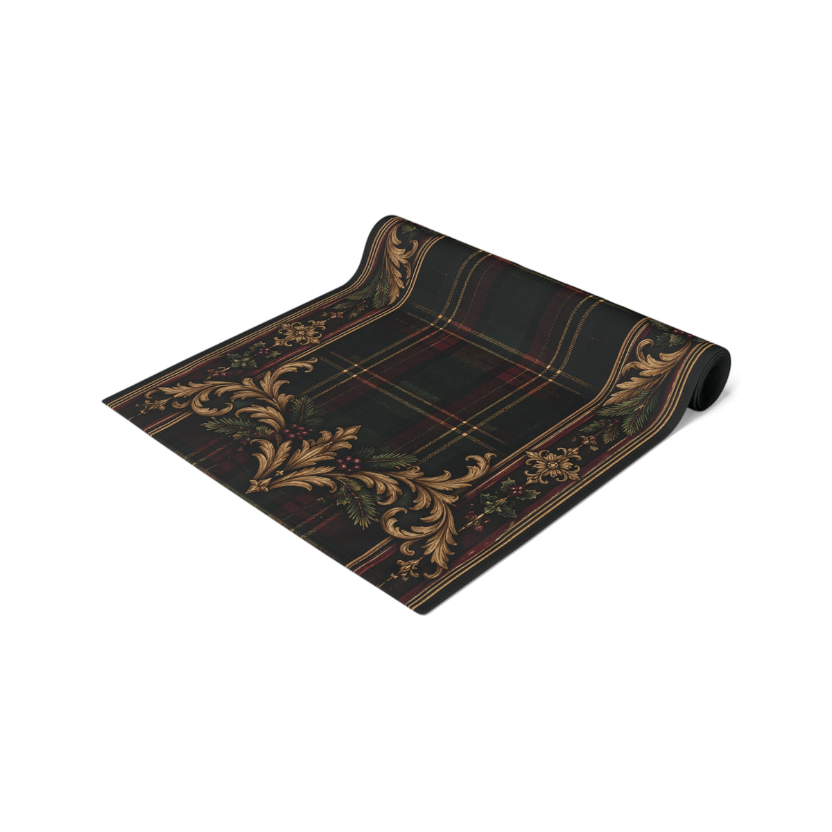 Gallery image 3: Tartan Plaid Floral Border Table Runner featuring polyester table runner with tartan plaid and a golden floral border.
