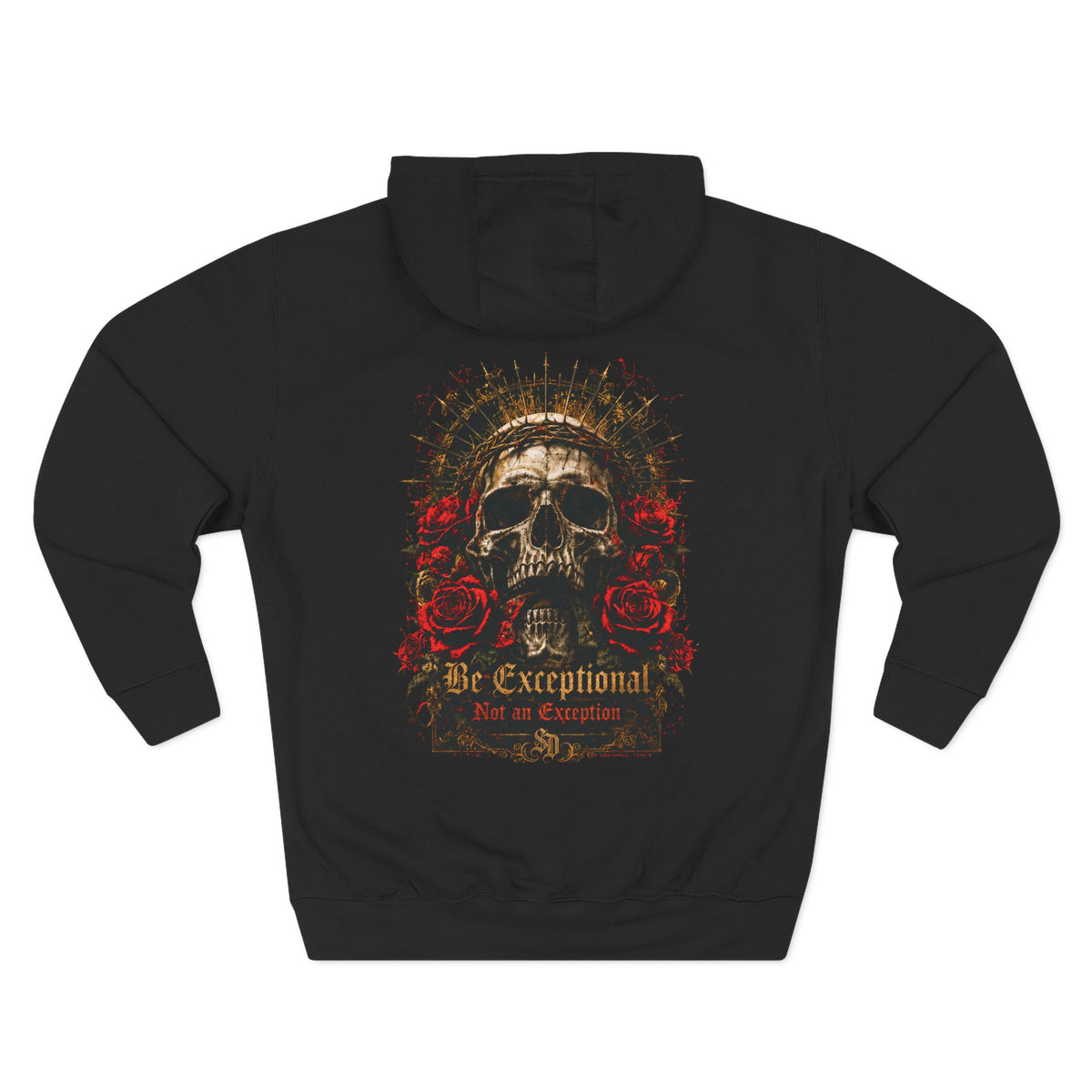 Gothic Skull Crest Fleece Hoodie black back flat-lay — Be Exceptional Not an Exception gothic skull gold thorn crown halo red roses SD monogram full back graphic