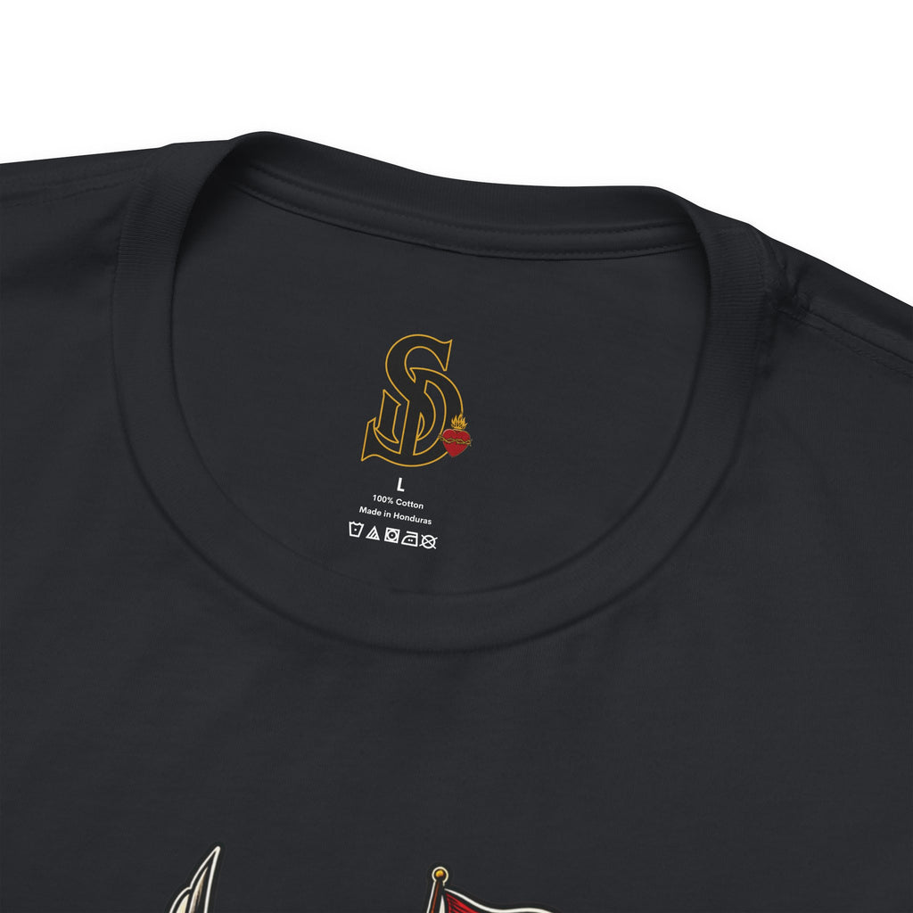 Sailing Tattoo Ship Tee with cream navy and gold artwork direction