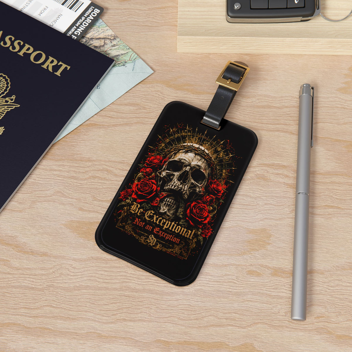Sacred Divine & Co. Skull & Roses Luggage Tag — Be Exceptional Not an Exception Travel ID
