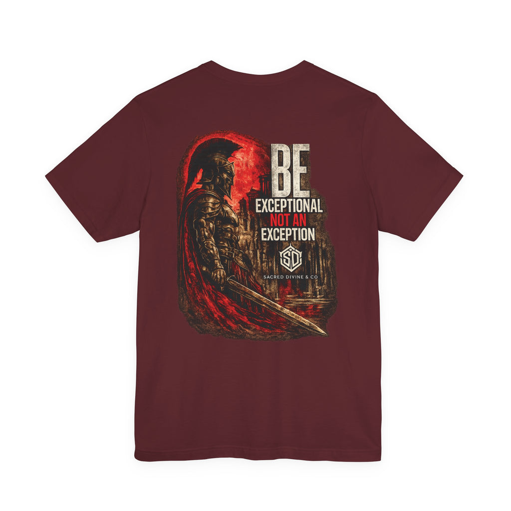 Spartan Warrior Tee maroon back flat-lay — Be Exceptional Not An Exception armored Spartan warrior with red cape and sword Sacred Divine & Co. SD monogram full back graphic