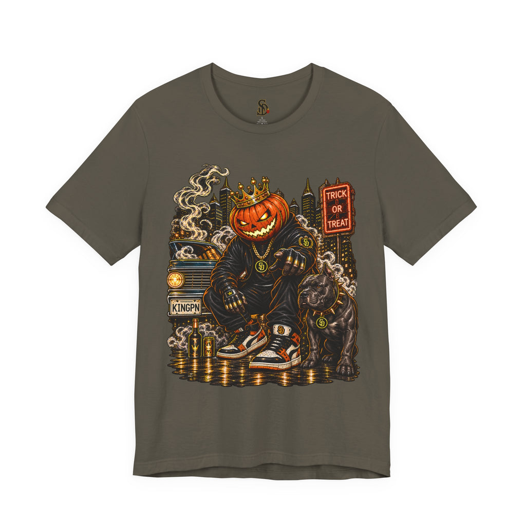 Pumpkin King Streetwear Tee product mockup featuring crowned pumpkin king Halloween artwork