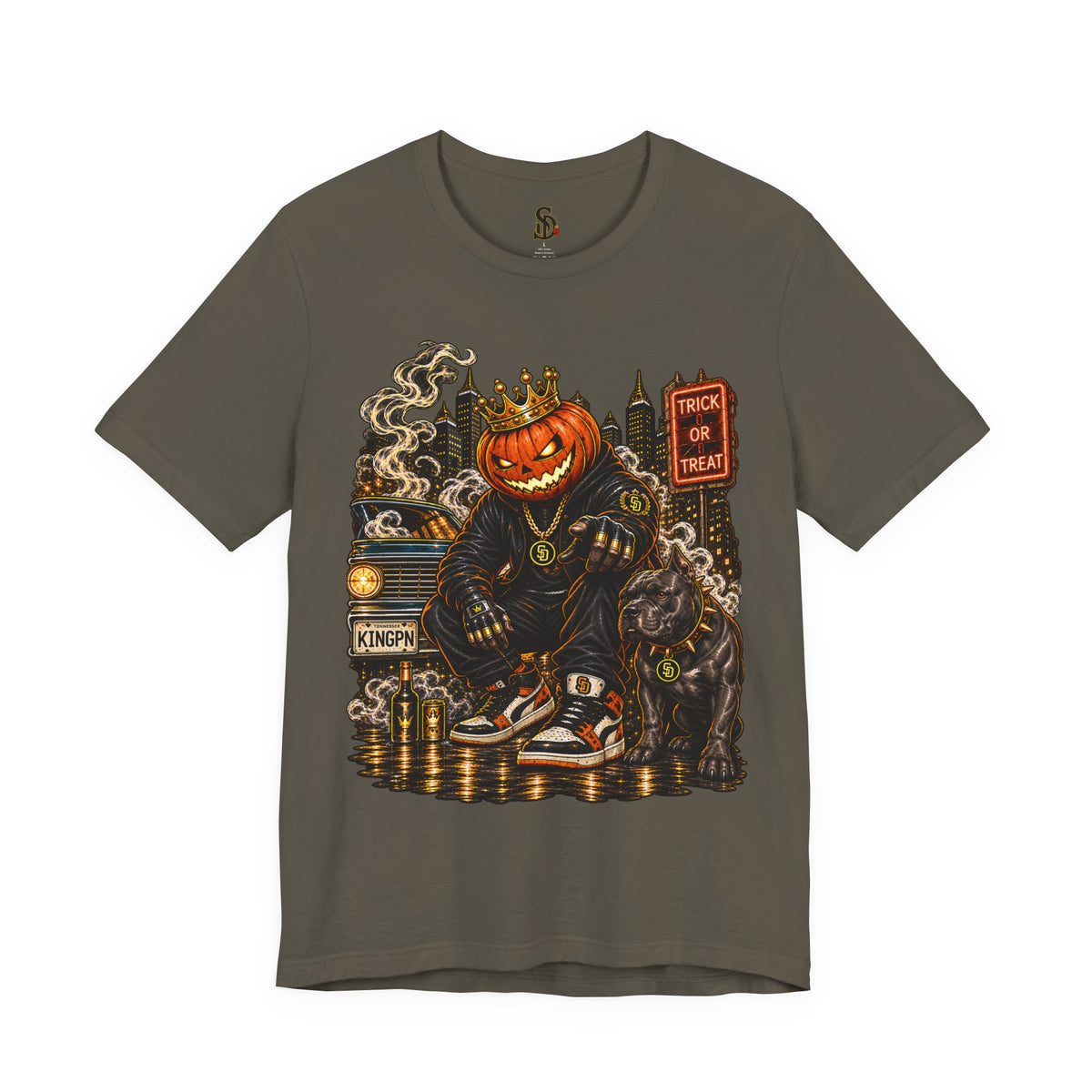 Pumpkin King Streetwear Tee product mockup featuring crowned pumpkin king Halloween artwork