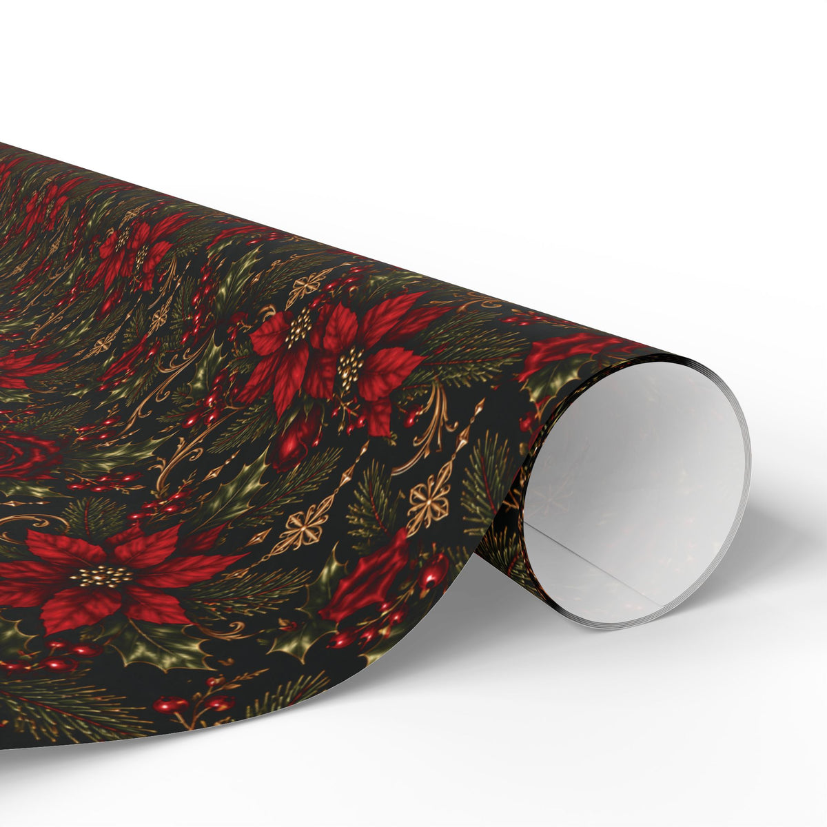 Overhead view of Dark Botanical Floral wrapping paper with a wrapped gift and scissors, clear tape, twine, and paper tags on a wood tray.