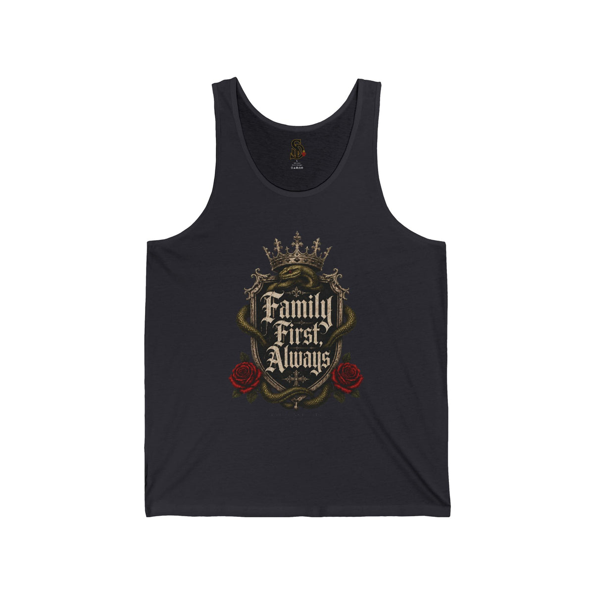 Family First Always Tank dark grey front flat-lay — Family First Always gothic crown crest with snake and red roses center graphic
