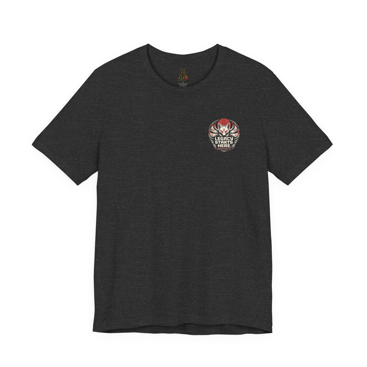 Legacy Starts Here Tee Nine-Tailed Fox dark heather front flat-lay — Kitsune fox Legacy Starts Here Sacred Divine & Co. circular crest left chest graphic