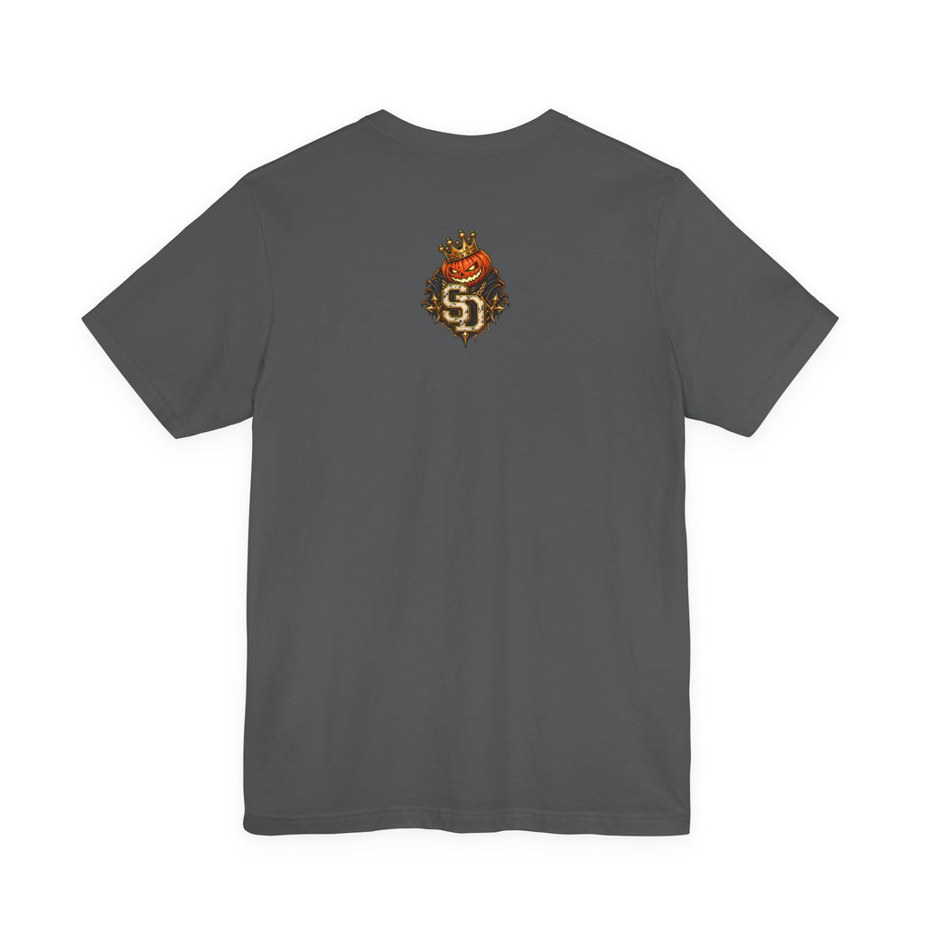 Pumpkin King Streetwear Tee product mockup featuring crowned pumpkin king Halloween artwork