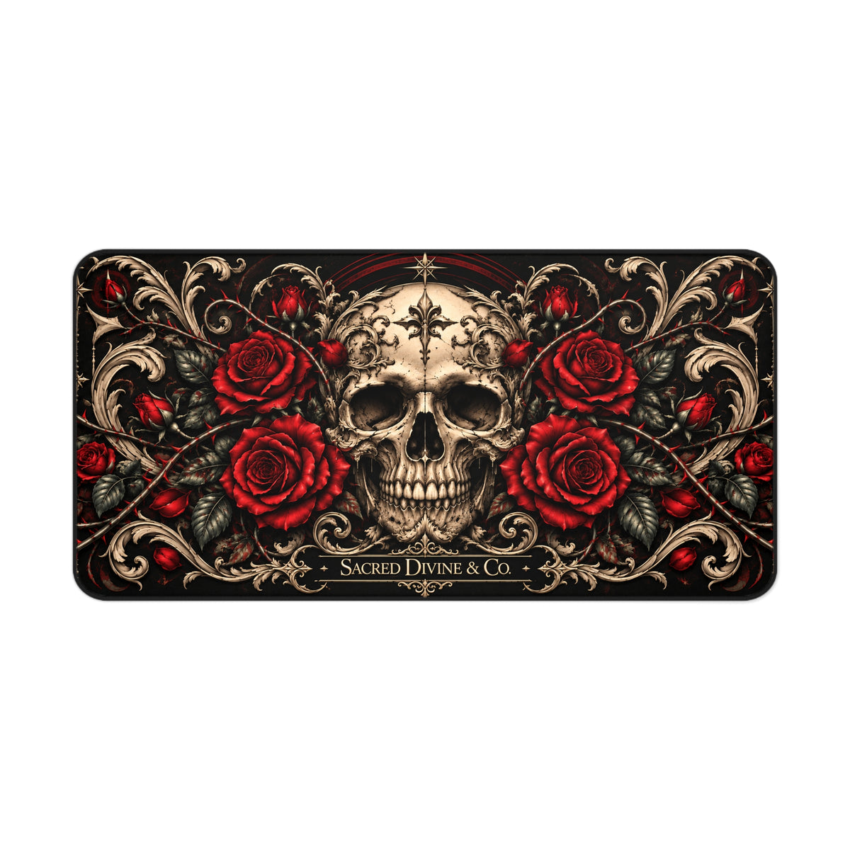 Gothic Skull and Red Roses desk mat with a centered skull and ornate cream scrollwork border.