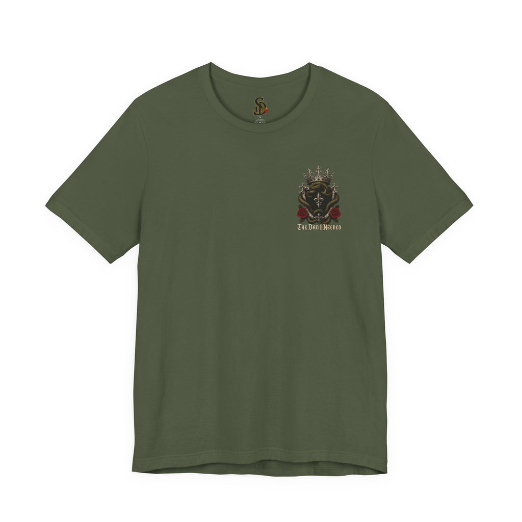 Family First Always Tee military green front flat-lay — Family First Always gothic crest left chest graphic
