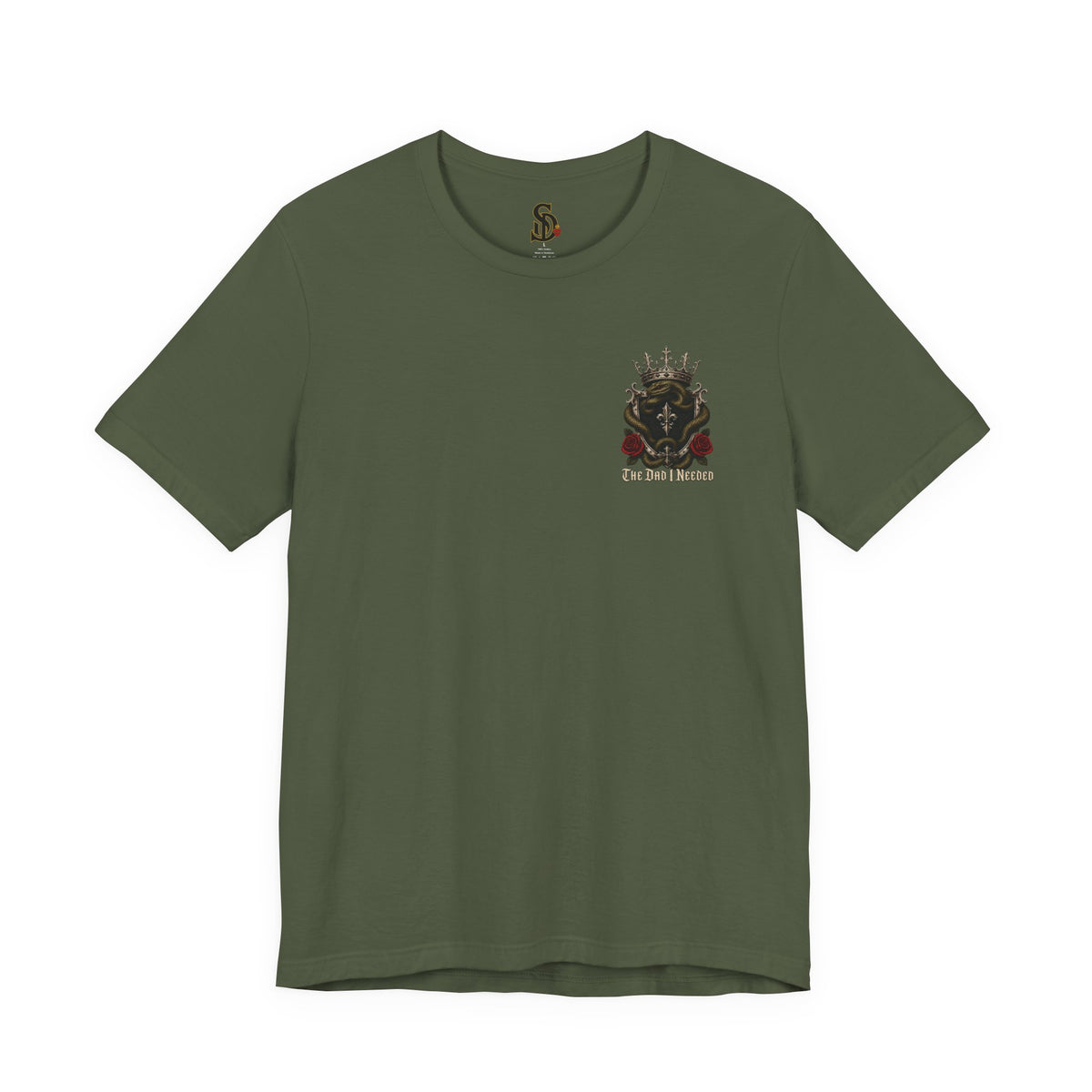 Family First Always Tee military green front flat-lay — Family First Always gothic crest left chest graphic