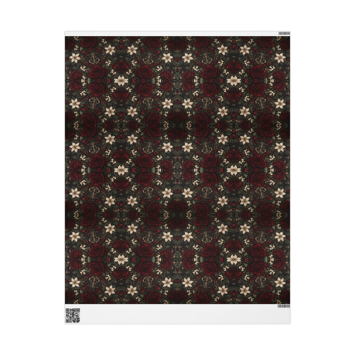 Full sheet of Burgundy Floral Pattern wrapping paper showing the repeating print, with the white printer margins and QR code visible.
