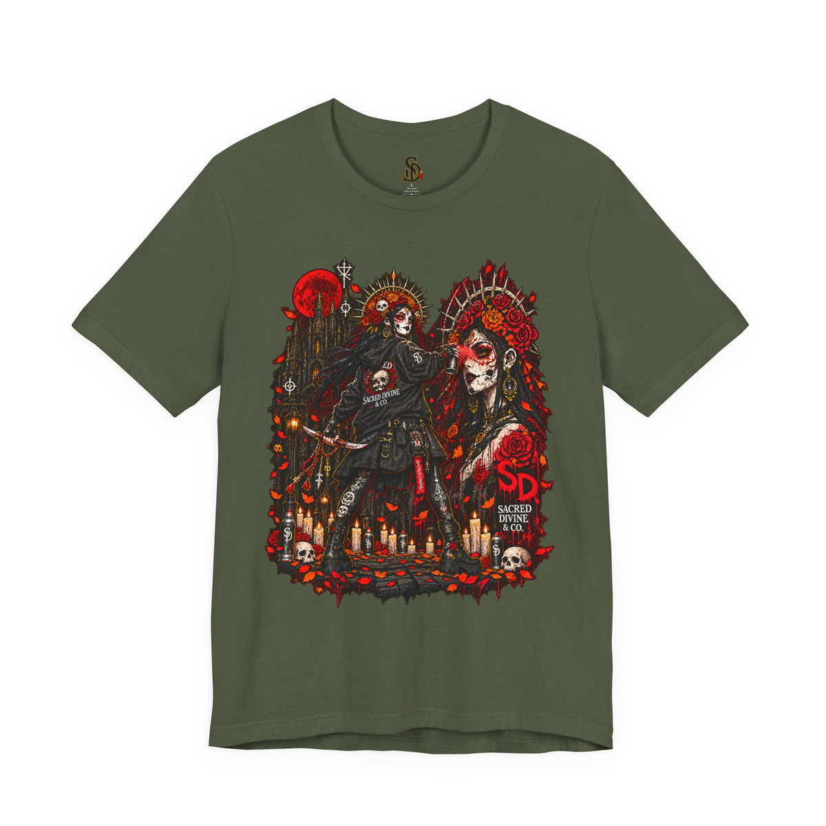 Day of the Dead Gothic Tee product mockup with skeletal Day of the Dead artwork and red accents