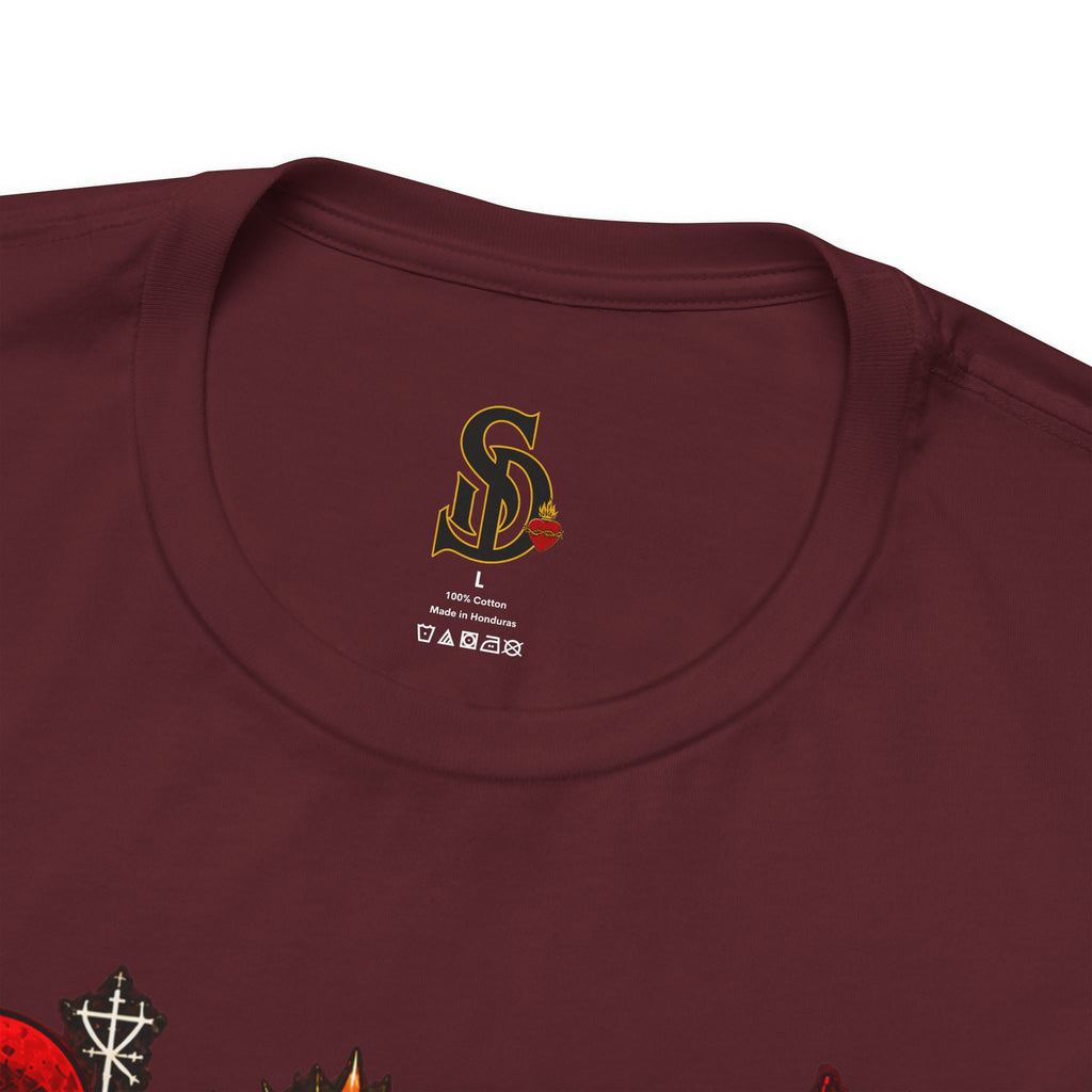 Day of the Dead Gothic Tee product mockup with skeletal Day of the Dead artwork and red accents