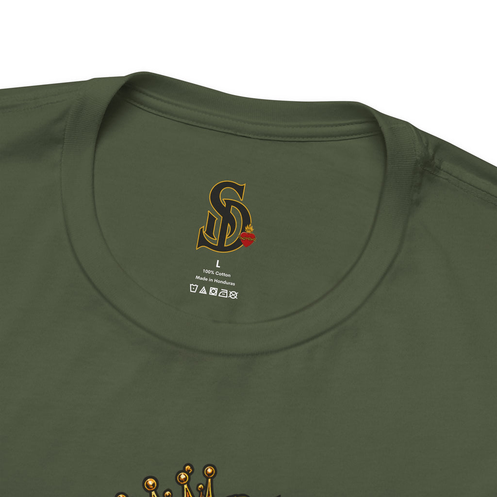 The Pumpkin Kingpin Tee product mockup with crowned jack-o'-lantern holding a No Rules Only Loyalty sign